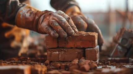 skilled bricklayers hands carefully placing bricks at construction site aesthetic closeup photography