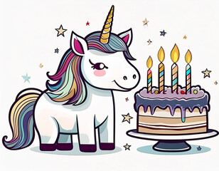 Illustration von einem Einhorn mit Geburtstagskuchen - Geburtstags Karte Motiv 