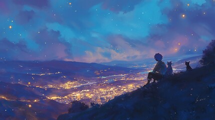 back view of boy, girl and cat sitting on hills, looking at city below at night, dark sky, cloud