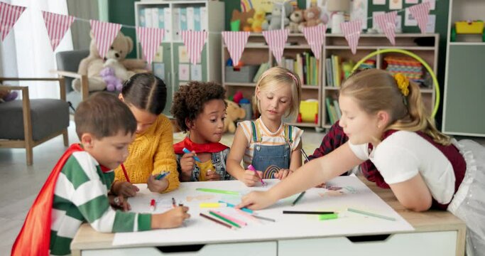 Children, group and friends or drawing in classroom for creativity education, teamwork or project. Boys, girls and coloring pencil at desk for back to school art lesson or development, talk or youth - Powered by Adobe