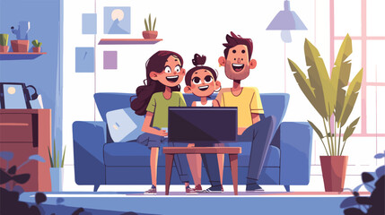 Happy family watching TV in a cozy room. Dad mom an