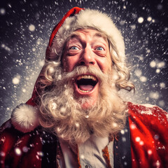 Laughing Santa Claus in a Christmas hat with surprised and joyful emotions in the snow on a dark background