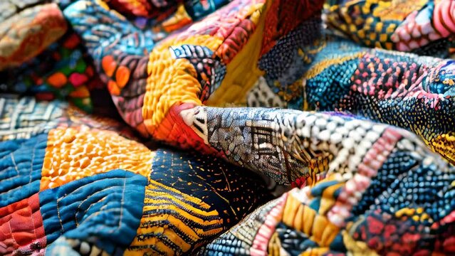 Close-up of colorful, patterned quilt fabric textures