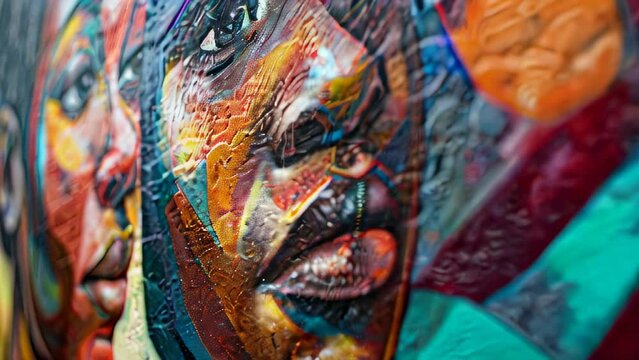 Close-up of vibrant, textured mural depicting two African women in colorful detail