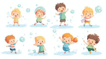 Happy funny kids playing with soap bubbles in summe