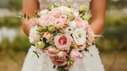 Bride Flowers. Wedding Bouquet with Pink and White Roses Held by a Bride