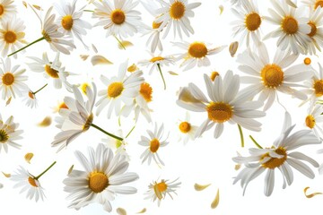 Daisy Petals. Chamomile Flower Petals Flying in Group, Isolated on White Background