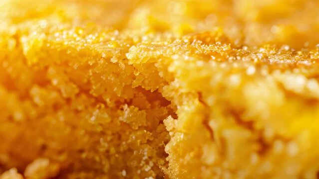 Close-up of moist, golden cornbread with crumbly texture