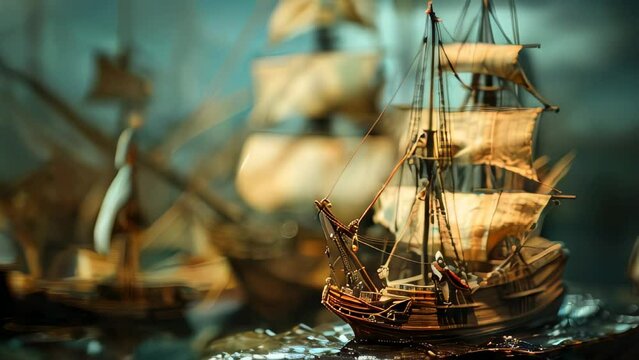 Antique sailing ship model with detailed masts and sails in lit display