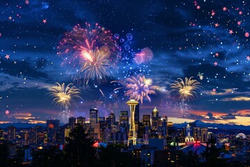 Fireworks celebration over Seattle skyline at night, featuring Space Needle and illuminated cityscape markers
