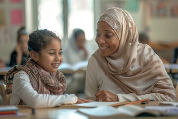 Muslim female teacher in light hijab guiding young student girl in classroom for educational success and learning development