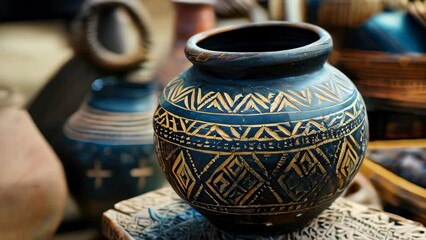 Traditional pottery with intricate geometric patterns, handmade and carved