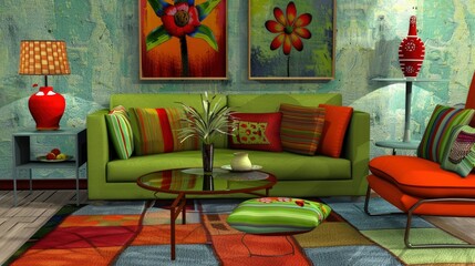 Living Room With A Vintage 1970S Vibe, Bright Colors, And Retro Furniture, Room Background Photos