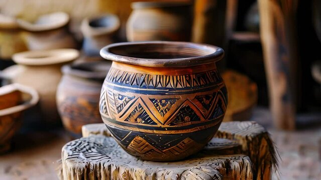 Handcrafted clay pot with traditional geometric patterns, displayed in rustic setting