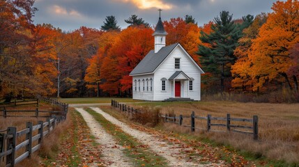 Beautiful white chapel nestled in a serene forest of vibrant autumn foliage on a scenic country path with a dramatic cloudy sky