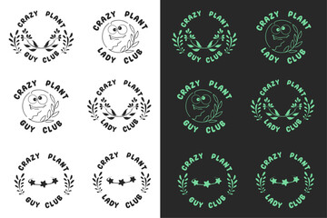 Crazy plant lady club badge emblem design set. Funny plants lover mom quotes. Retro vintage gothic style. Aesthetic vector text for gardener florist gifts shirt design clothing.