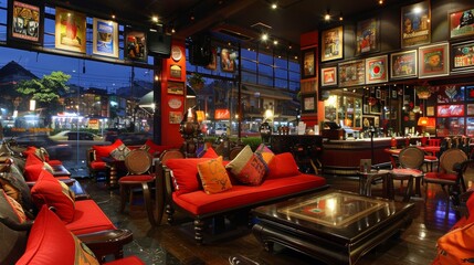 A beautifully decorated cozy restaurant with warm ambient lighting, eclectic wall art, and comfortable red seating, offering a serene dining experience with a view of the lively city streets at night