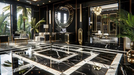 Obraz premium Living Room With An Art Deco Theme, Featuring Bold Geometric Shapes And Luxurious Materials , Room Background Photos