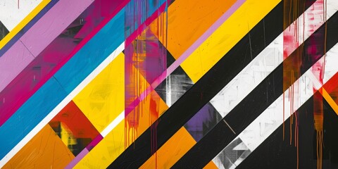 colorful geometric design that has a black base with vibrant, asymmetrical stripes in various colors, including yellow, white, orange, purple, and red.