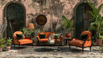 Obraz premium Living Room With An Eclectic Mix Of Vintage And Modern Elements, Room Background Photos