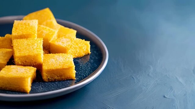 Golden squares of cornbread on dark plate over textured blue surface