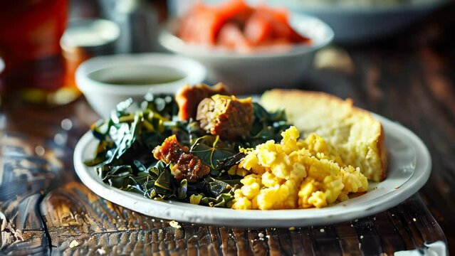 Plate with cornbread, collard greens, and cornbread stuffing, on rustic table