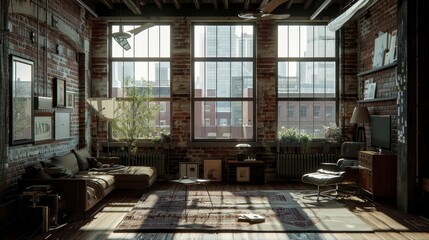 Fototapeta premium Living Room With An Industrial Design, Exposed Brick, And Metal Accents, Room Background Photos