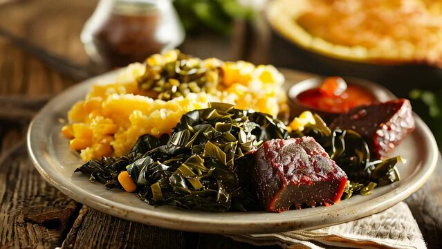 Traditional Southern dish featuring cornbread, collard greens, and barbecued meat on plate