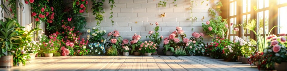 Sunlit indoor garden with vibrant roses and leafy plants in a serene greenhouse setting ideal for relaxation and nature appreciation