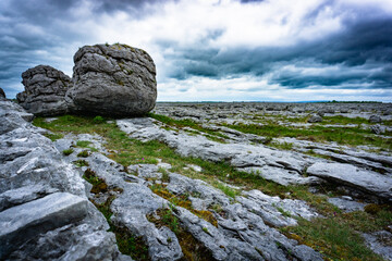 The Burren geopark karst landmark with dramatic sky in county Clare, Ireland