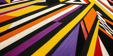 colorful geometric design that has a black base with vibrant, asymmetrical stripes in various colors, including yellow, white, orange, purple, and red.
