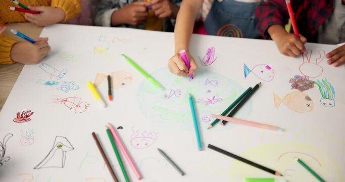 Children, group and hands drawing for creative project or school teamwork for art class, learning or lesson. Pencils, colouring and paper as friends with childhood development, Montessori or craft