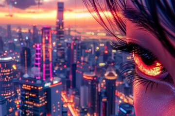 Fototapeta premium Digital eye with a fiery orange glow reflecting an urban skyline, depicting high tech vision and city life