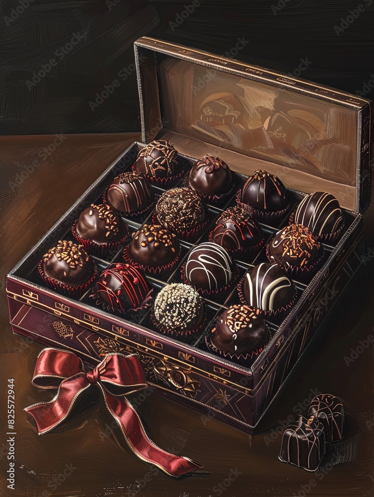 Poster a detailed painting of a luxurious box of chocolate truffles with decorative ribbons on a table. gen