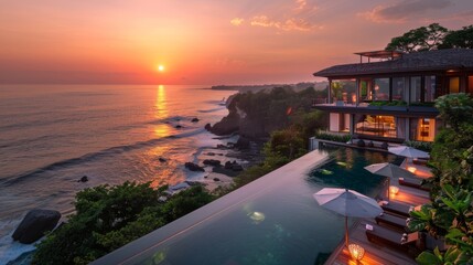 Fototapeta premium Spectacular sunset view of luxury clifftop villa overlooking the ocean with infinity pool, lush greenery, and serene atmosphere in tropical paradise