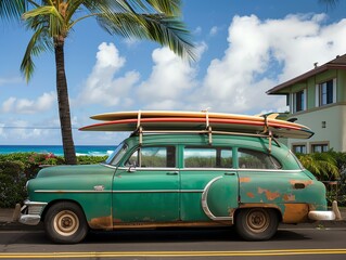 A classic station wagon with surfboards on the roof