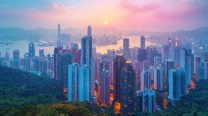 Fototapeta premium A breathtaking sunset view over a bustling metropolitan skyline with high-rise buildings, diverse architecture, and an expansive urban landscape blending seamlessly with lush greenery and distant
