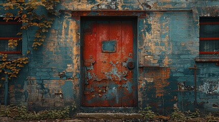 A weathered red door with peeling paint surrounded by an aged, blue, and distressed brick wall, partially covered by climbing ivy