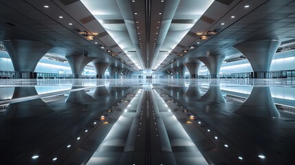 Aerial view of a busy airport terminal with planes parked at gates, resembling a kaleidoscope pattern, showcasing modern aviation infrastructure.