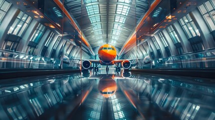 Fototapeta premium Aerial view of a busy airport terminal with planes parked at gates, resembling a kaleidoscope pattern, showcasing modern aviation infrastructure.