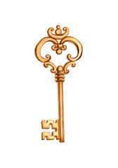 Golden key decorated with elegant curves and monograms watercolor illustration. Antique key isolated from background. For design of weddings, Valentine's Day, romance, cards, posters, decorations.