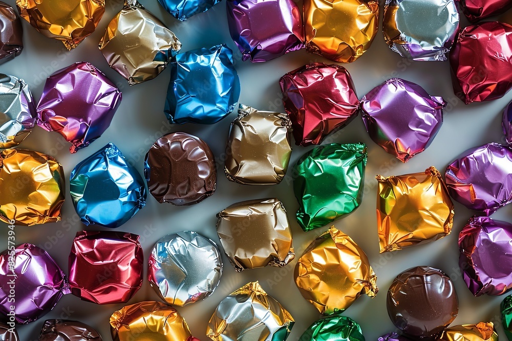 Poster colorful assortment of foiled chocolates arranged on a tabletop. generative ai