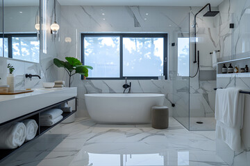 Elegant Modern Bathroom with Freestanding Bathtub, Double Vanity, and Natural Light