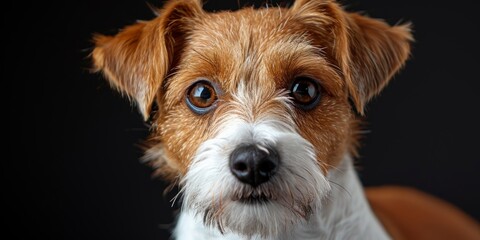 Close-up of a charming small brown and white dog with expressive eyes and a textured fur coat, against a dark background, looking directly into the camera