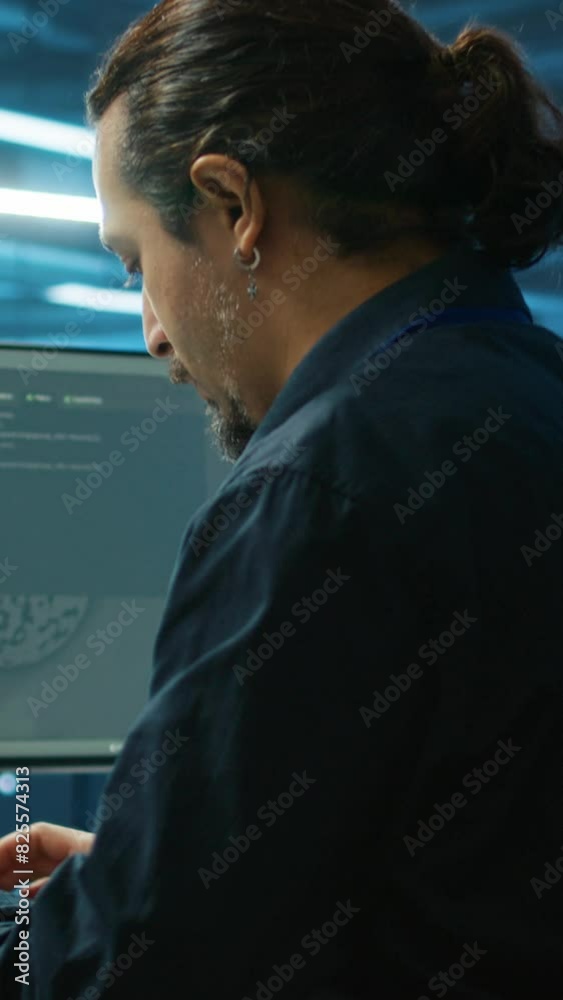 Poster vertical video system admin focused on programming in server room housing advanced equipment storing