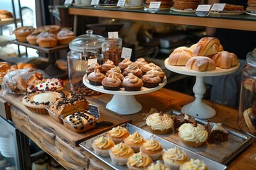 Inviting bakery counter showcasing a variety of fresh, delicious pastries and cakes