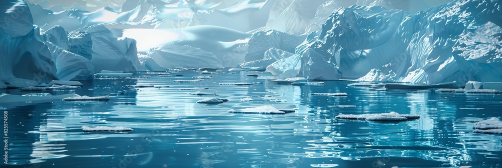 Poster a group of icebergs floating in a body of water, showcasing the icy textures and reflections of ligh