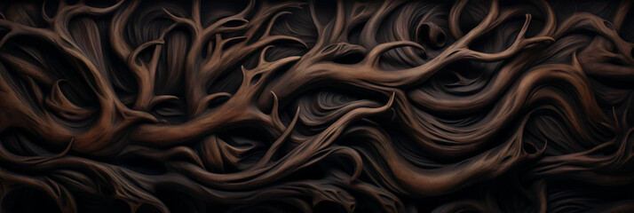 Fototapeta premium Intricate twisted wooden branches against a dark background