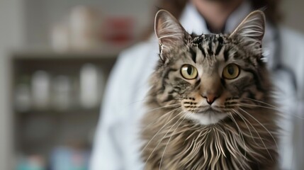 Naklejka premium Portrait of a cat with a doctor in a white coat in the background