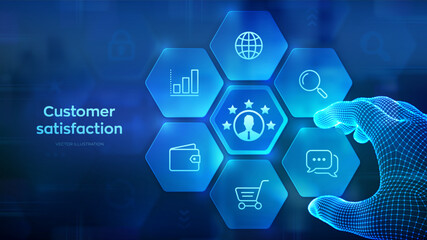 Customer satisfaction. Customer survey and feedback analytics. Using AI and automation technology in marketing for customer service. Hand places an element into a composition. Vector illustration.